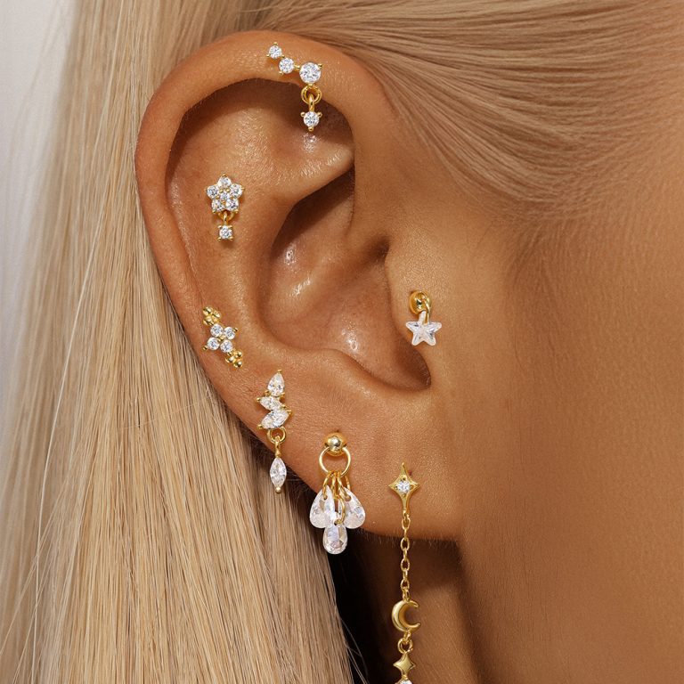 Sterling Silver Moon Diamond Embedded Star Ear Rings